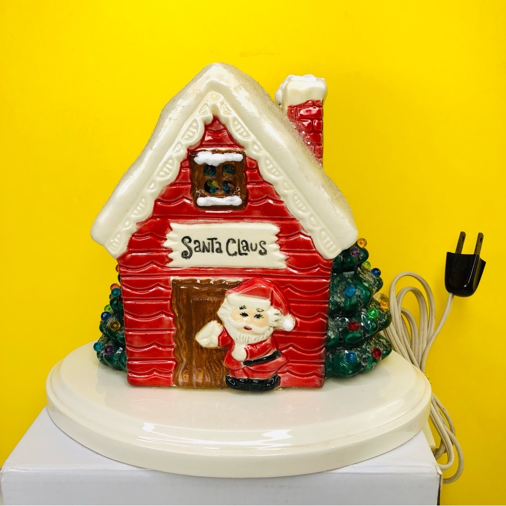 Vintage 70s Glittery Lighted up Santa House Christmas Trees Figurine Red Ceramic
